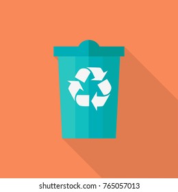 Trash Bin vector illustration in flat style. Container for garbage with recycling sign picture for environmental concepts, web, icons, infographics, logotype design. Isolated on orange background.  