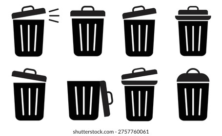 Trash bin. Vector isolated icons. Black vector trash dusbin sign icon isolated elements.  Dustbin, trash sign icon. Waste, delete symbol. 