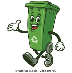 Trash Bin is walking leisurely,  Cartoon Character Mascot Illustration Vector Clip-art Hand-drawn Logo Design