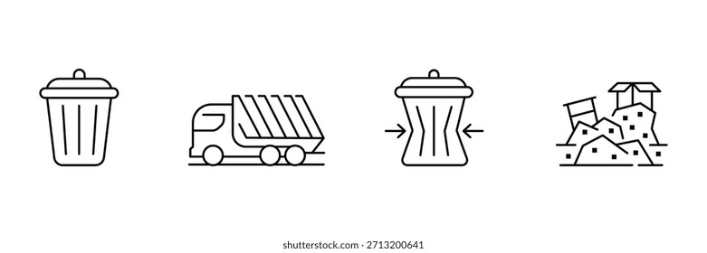 Mülleimer-Abfall-Icon-Set, Müllcontainer, Sammelwagen, Verdichtung Mülleimer Pfeile, Bauabriss Schutt Haufen Kontur Vektorgrafik.