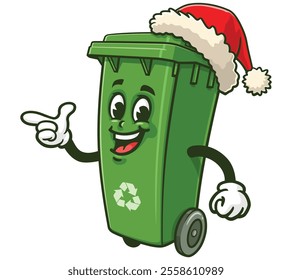 Trash Bin wearing a christmas hat,  Cartoon Character Mascot Illustration Vector Clip-art Hand-drawn Logo Design