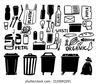 Trash bins with assorted garbage set. Recycling of different materials. Vector silhouette illustration isolated on white background.