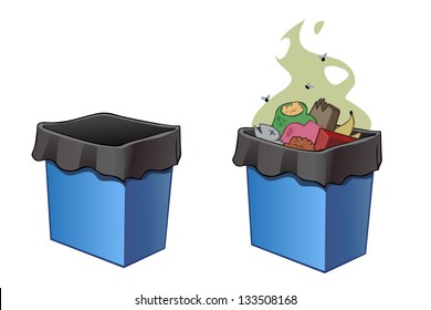 Trash bins, full and empty. Vector illustration, isolated on the white