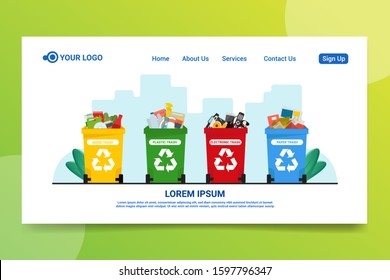 Trash bins, mixed, plastic , electronic , falling paper  (plastic, paper, lamps, batteries, glass) for recycling. The concept of waste recycling for landing pages