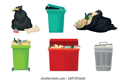 Trash Bins and Sacks Full with Refuse and Garbage Vector Set