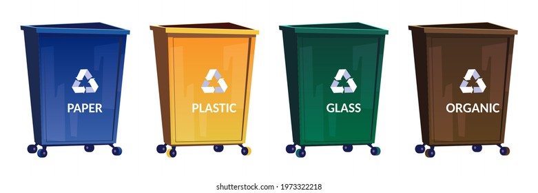 Trash bins for separate and recycle garbage. Containers for sort paper, glass, plastic and organic waste. Vector cartoon set of yellow, blue, green and brown trashcans isolated on white background