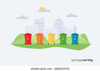 Trash bins for sorting waste in a city park. containers for sorting metal, plastic, paper, glass and organic waste. Sorting garbage. illustration in flat style with ecological concept