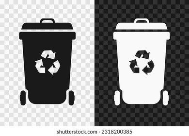 Trash box, dumpster silhouette icon, high quality vector glyph sign. Trash can on wheels, symbol isolated on dark and light transparent backgrounds.