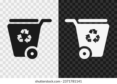 Trash box, dumpster silhouette icon, high quality vector glyph sign. Trash can on wheels, symbol isolated on dark and light transparent backgrounds.