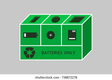 Trash box for recycling battery. Color vector illustration isolated on a gray background.