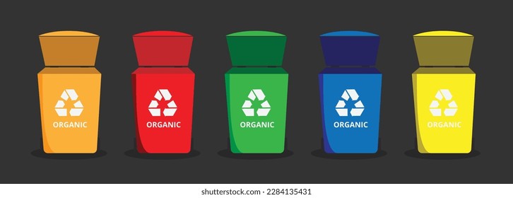 Trash box for recycling icon set. For organic, paper, plastic, glass, metal trash.