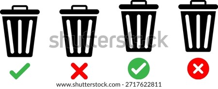 Trash Can Action Icon Set: Delete Confirmation Symbols with Green Checkmarks and Red Crosses