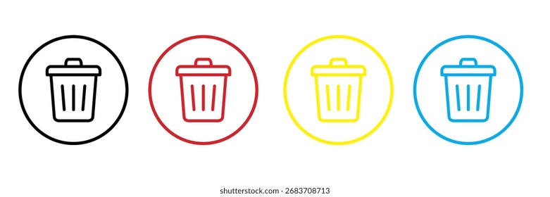 Lixo pode app botão ícone definido em quatro cores amarelo vermelho azul e preto dentro círculos perfeitos para app UI web design projetos digitais excluir ícones lixeira interface botões aplicativos móveis e criativo