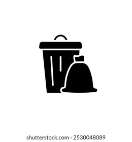 Trash can and bag simple glyph icon. Vector solid isolated black illustration.