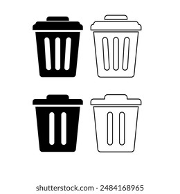 Trash can or trash bin flat vector icon set with editable stroke. Trash bin symbol and clip art