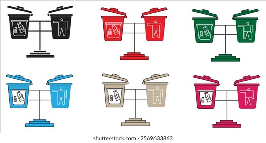 Trash can, bin icons, rubbish bin sign, trash bin open symbols set. Editable stroke. Line and flat styles.