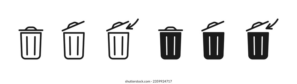 Trash can and bin, icons set black and line. Vector