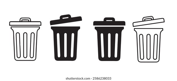 Trash can or trash bin icons set designed in filled, outline, line and stroke style