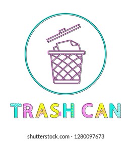 Trash can or bin with lid or cover workspace furnishing element. Essential office arrangement plastic garbage bucket flat vector rounded lineout icon.