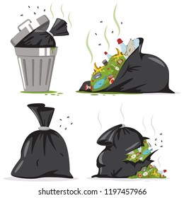 Trash can and black bag with plastic and food waste. Garbage vector cartoon set isolated on white background.