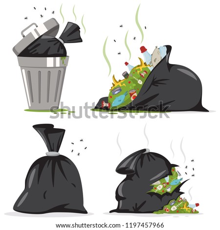 Trash can and black bag with plastic and food waste. Garbage vector cartoon set isolated on white background.