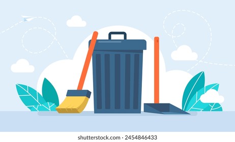 Trash can, broom, scoop. Recycle bin with dustpan and broom. Cleaning equipment trash can broom scoop on white background. Vector illustration