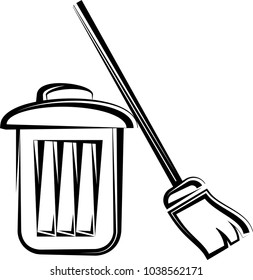 Trash Can And Broom Vector Art Illustration