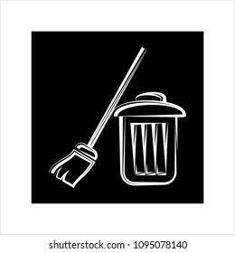 Trash Can And Broom Vector Art Illustration