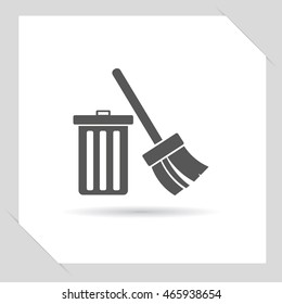 Trash can with broom vector icon
