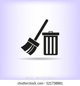 Trash can with broom vector icon