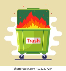 the trash can is burning. violation of the rules. harm to nature and people. bad ecology. flat vector illustration