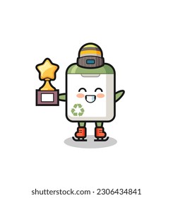 trash can cartoon as an ice skating player hold winner trophy , cute style design for t shirt, sticker, logo element