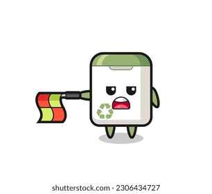 trash can character as line judge hold the flag straight horizontally , cute style design for t shirt, sticker, logo element