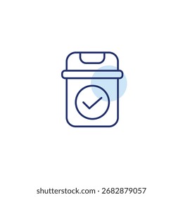 Trash can and checkmark. Cleanup verified, approved garbage disposal and safe waste management. Pixel perfect, editable stroke vector icon