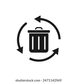 Papelera en flecha circular. Icono de residuos de reciclaje de estilo plano aislado sobre fondo blanco. Ilustración vectorial