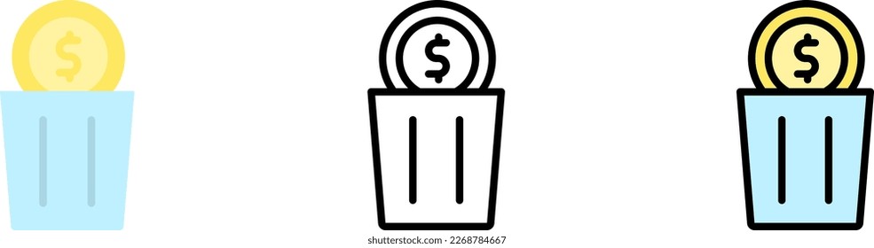 trash can coin dollar vector icon in different styles. Line, color, filled outline