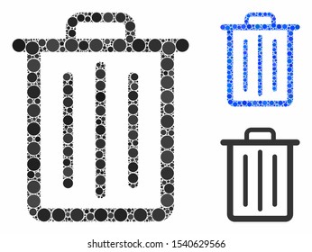 Trash can composition of round dots in different sizes and color tones, based on trash can icon. Vector round dots are united into blue collage. Dotted trash can icon in usual and blue versions.
