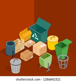 Trash can concept banner. Isometric banner of trash can vector concept for web, giftcard and postcard