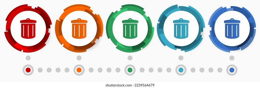 Trash can concept vector icon set, modern design abstract web buttons i n 5 color options, infographic template