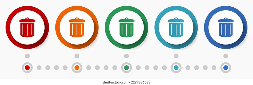 Trash can concept vector icon set, flat design colorful buttons, infographic template in 5 color options