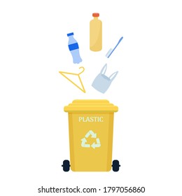 Trash can, container for plastic garbage isolated on white background. Symbol of eco friendly, waste sorting management concept.