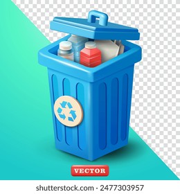 Trash can containing plastic recycling bottles, 3d vector. Suitable for recycling and design elements