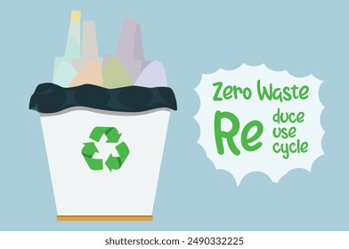 A trash can contains several plastic bottles that are still piled up to be recycled