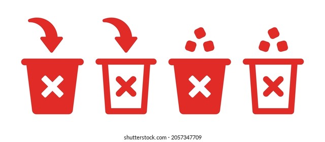 Trash can with cross icon. Garbage can, rubbish and bin vector set.