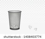 Trash can with crumpled paper inside and around. Office, home litter bin for thrown sheets, wastepaper garbage basket isolated on transparent background. 3d Realistic vector illustration, clip art