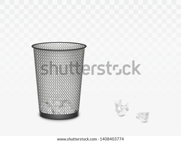 Trash can with crumpled paper inside and around.\
Office, home litter bin for thrown sheets, wastepaper garbage\
basket isolated on transparent background. 3d Realistic vector\
illustration, clip art