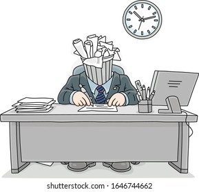 Trash can with crumpled paper instead a had of a clerk working with documents at a desk in an office, vector cartoon illustration