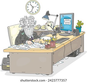 Trash can with crumpled paper instead a had of a clerk working with documents at his desk in an office, vector cartoon illustration isolated on a white background