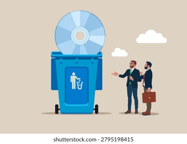 Trash can of with discarded compact Disk. DVD or CD RW is an old medium to store information on computers. Flat vector illustration.