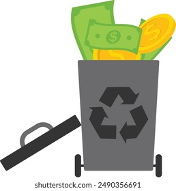 Trash can of with discarded money. Collapse of the dollar. Flat vector illustration.

